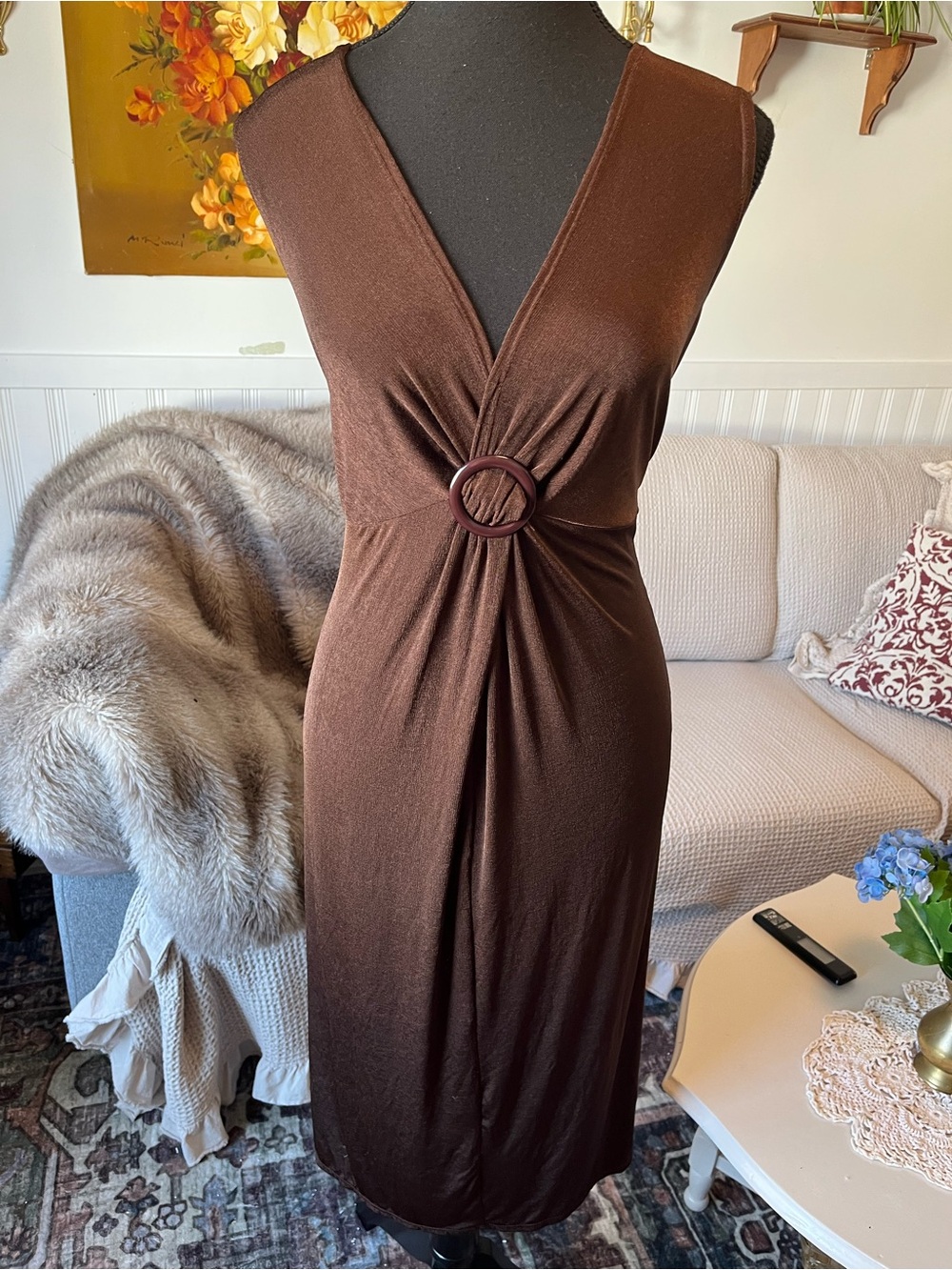 Women’s Y2K Brown Sleeveless V-Neck Ring-Detail Dress - Size Large - Picture 2 of 9